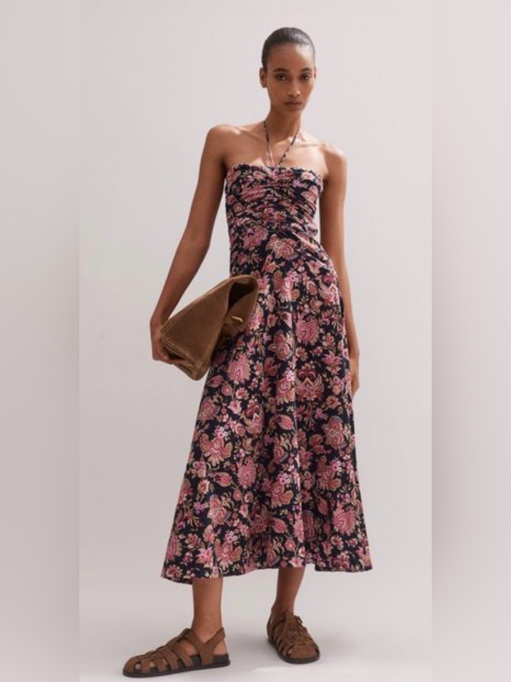 ME+EM Strapless Black Dress with Pink Floral Print
